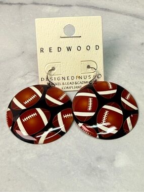 🚨3 for $15🚨 Redwood - Football Print Round Dangle Earrings - Brown & White